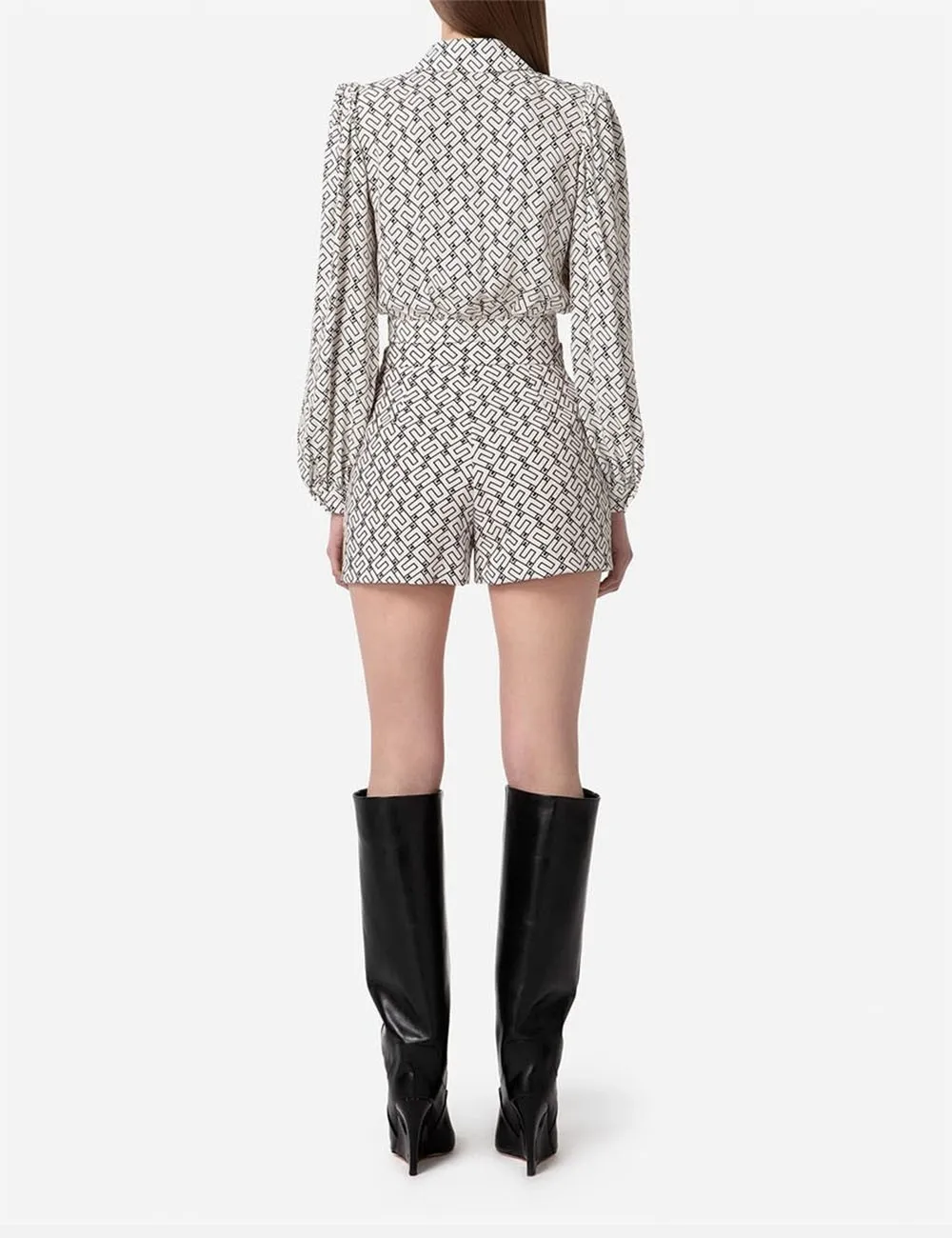 Elisabetta Franchi     Camicia Crop in Viscosa Stampa Logo Burro/Nero