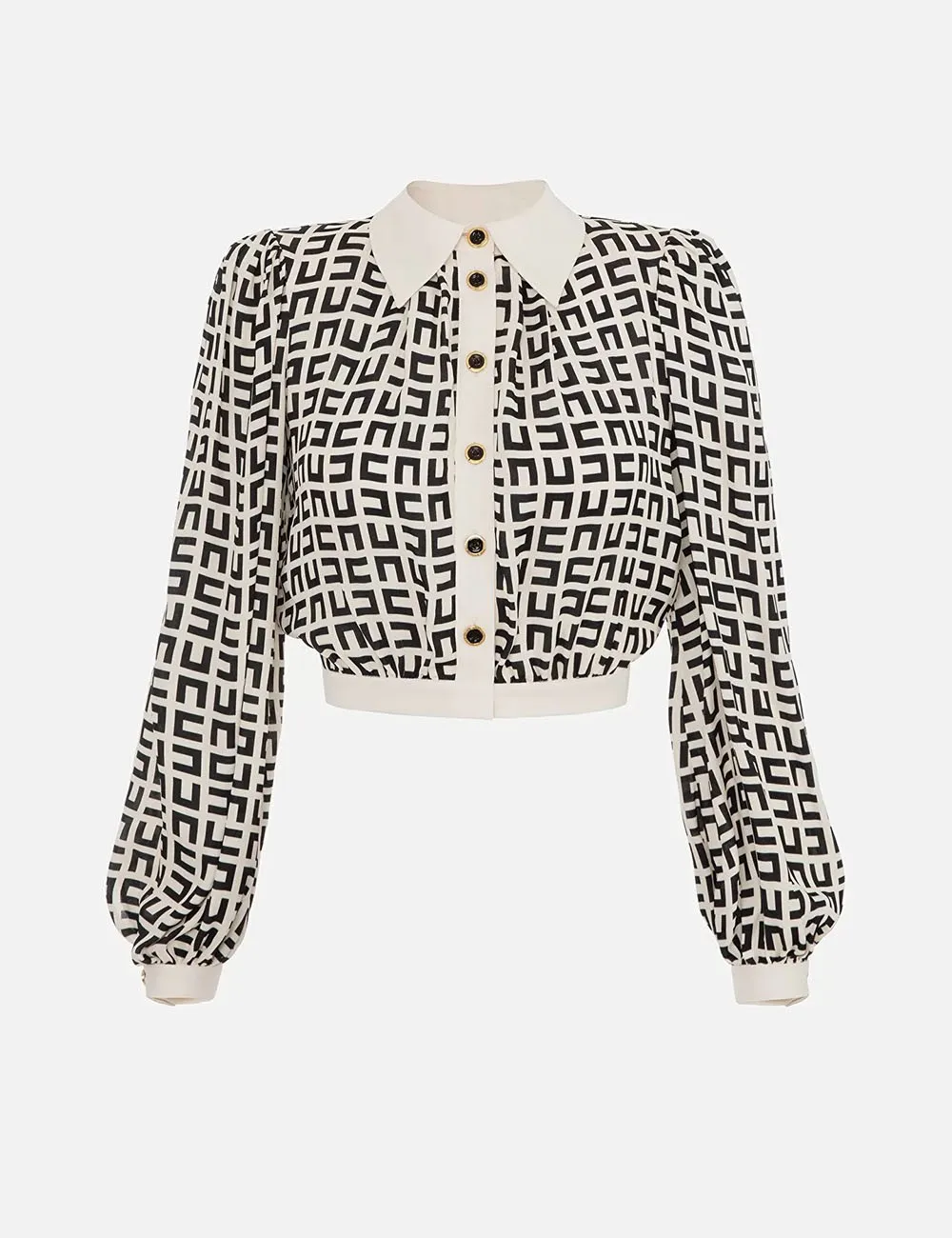 Elisabetta Franchi     Camicia cropped in georgette di viscosa stampata Burro/Nero