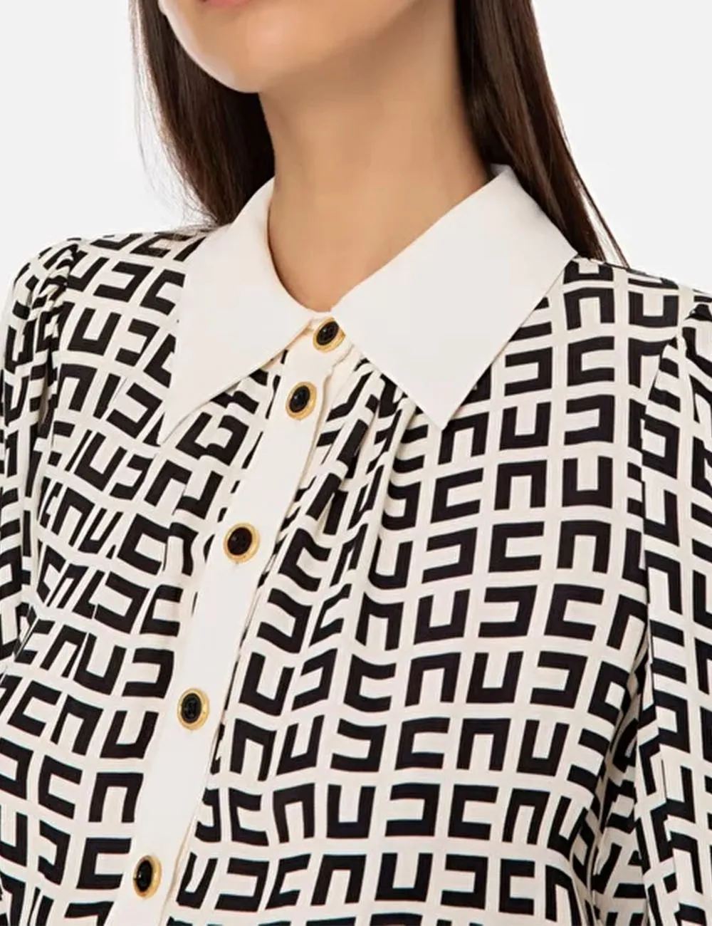 Elisabetta Franchi     Camicia cropped in georgette di viscosa stampata Burro/Nero
