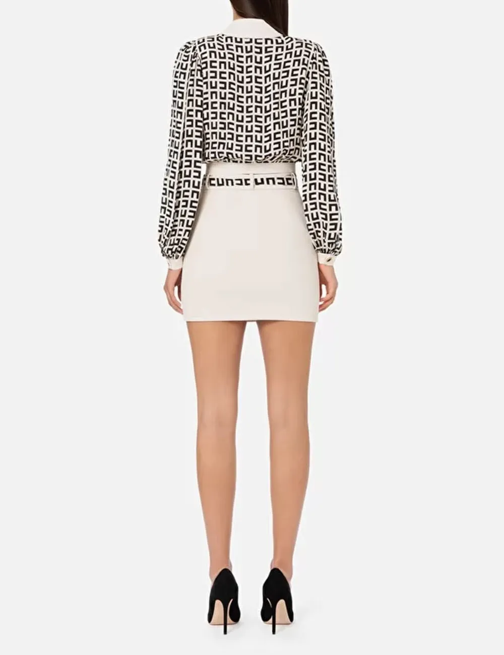 Elisabetta Franchi     Camicia cropped in georgette di viscosa stampata Burro/Nero