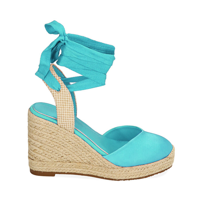 Espadrillas celesti in raso, zeppa 10 cm