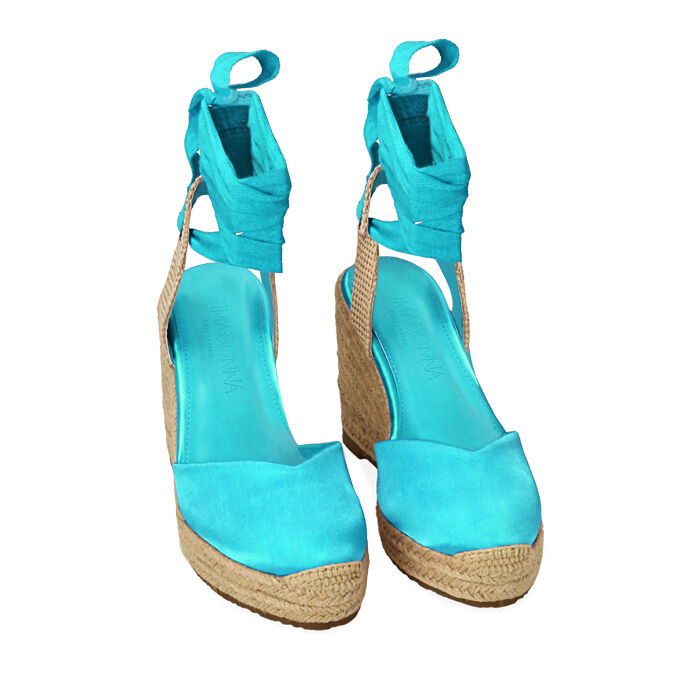 Espadrillas celesti in raso, zeppa 10 cm