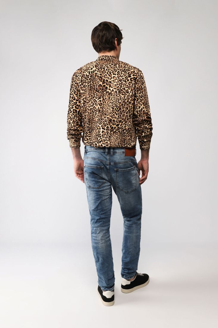 Jeans straight effetto délavé con abrasioni e cinque tasche
