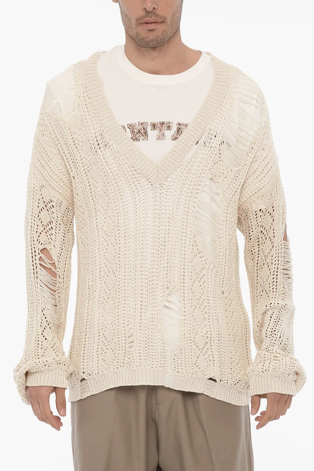 Maglia Traforata Effetto Distressed con Scollo a V