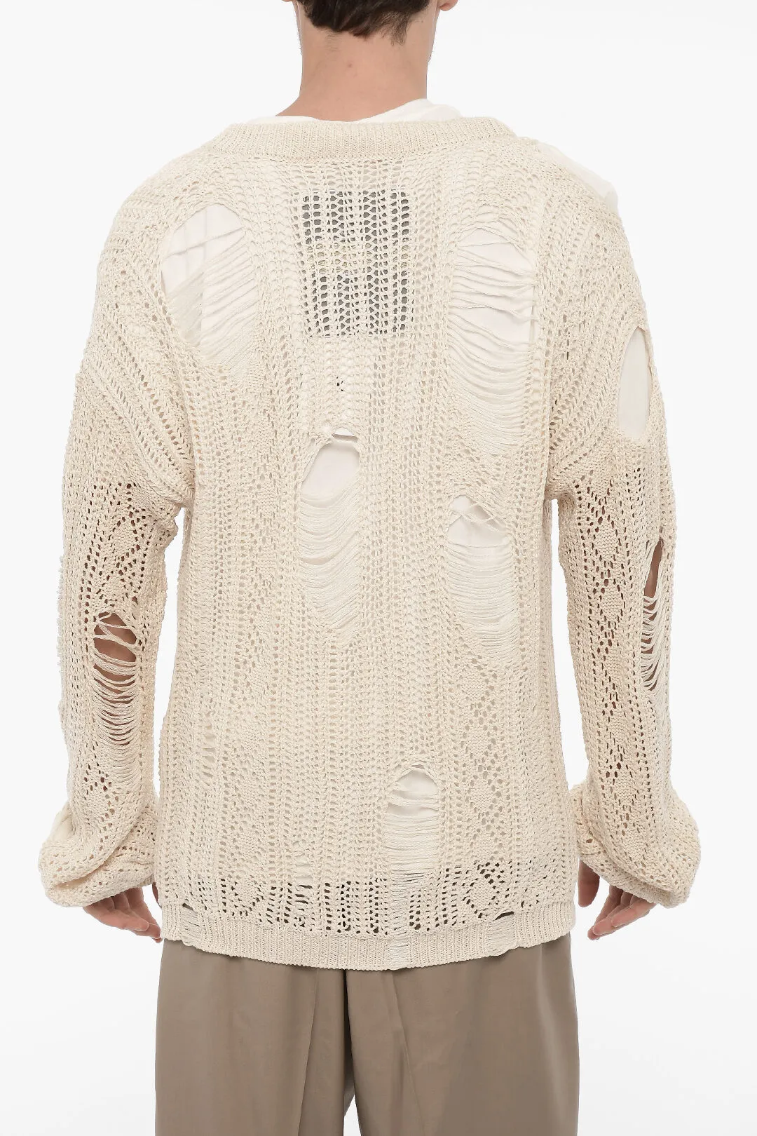 Maglia Traforata Effetto Distressed con Scollo a V