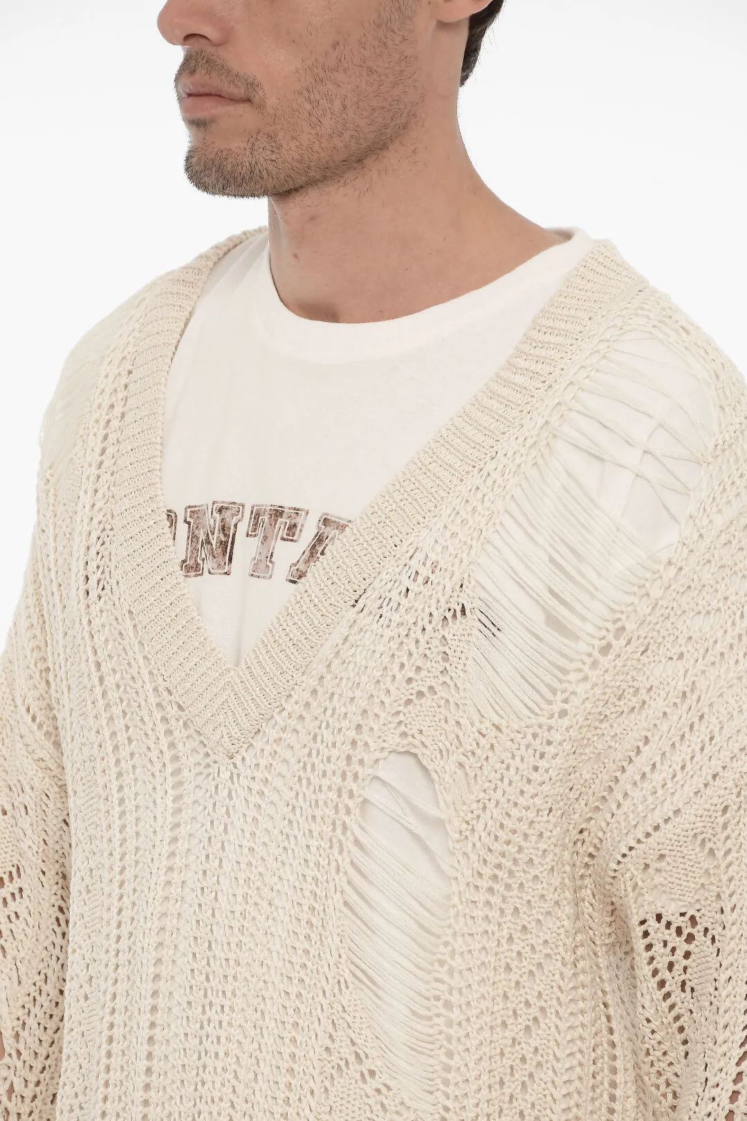 Maglia Traforata Effetto Distressed con Scollo a V