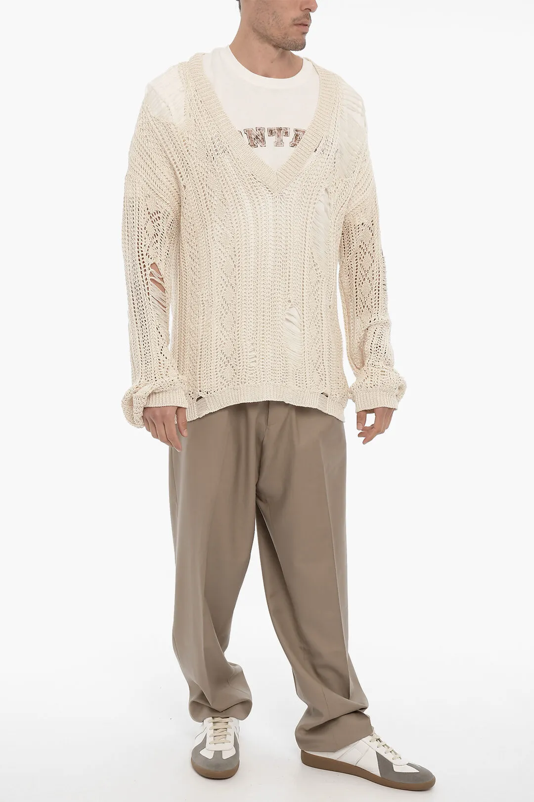 Maglia Traforata Effetto Distressed con Scollo a V