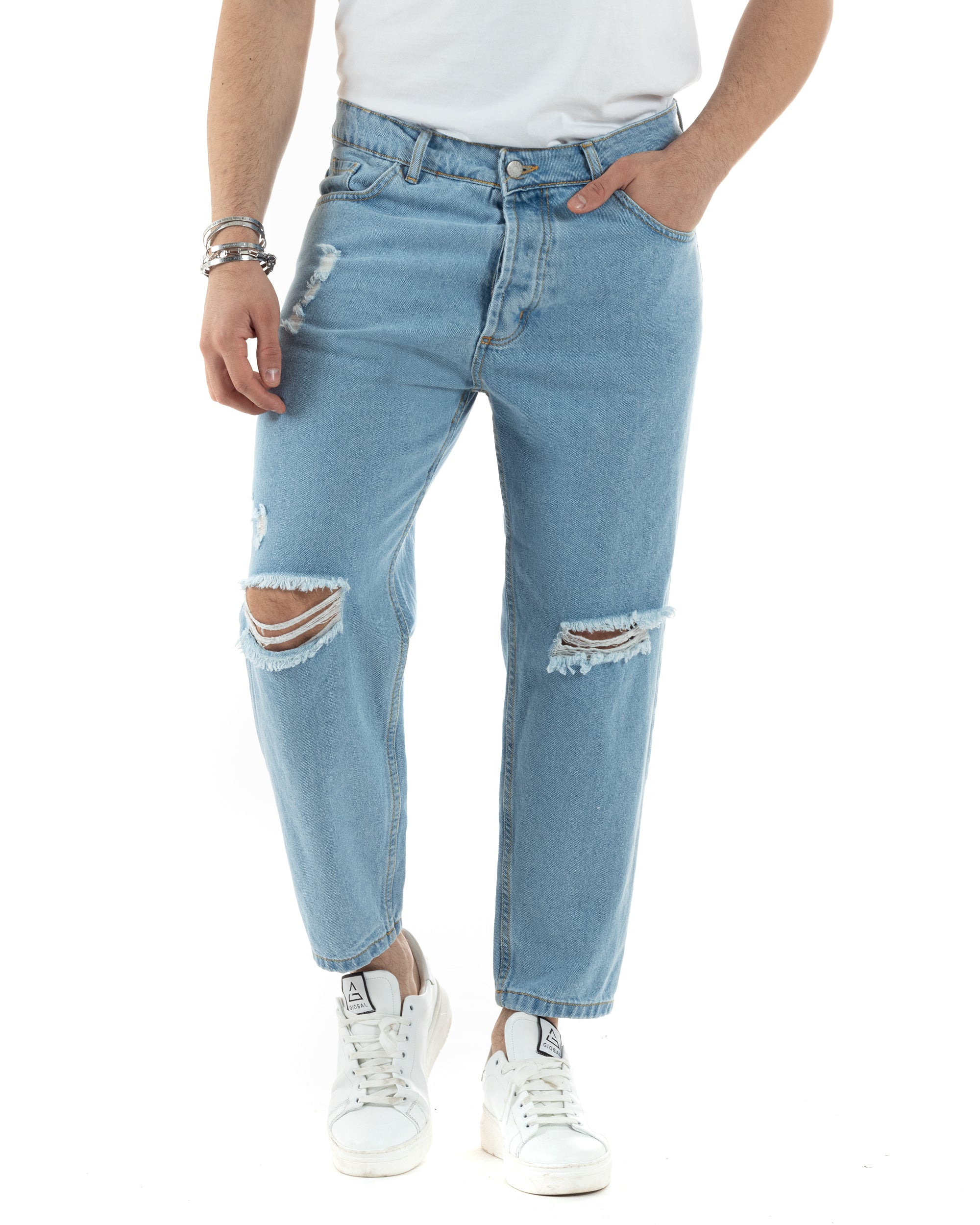 Pantaloni Jeans Uomo Straight Fit Denim Chiaro Con Strappi Cinque Tasche Casual GIOSAL-JS1012A