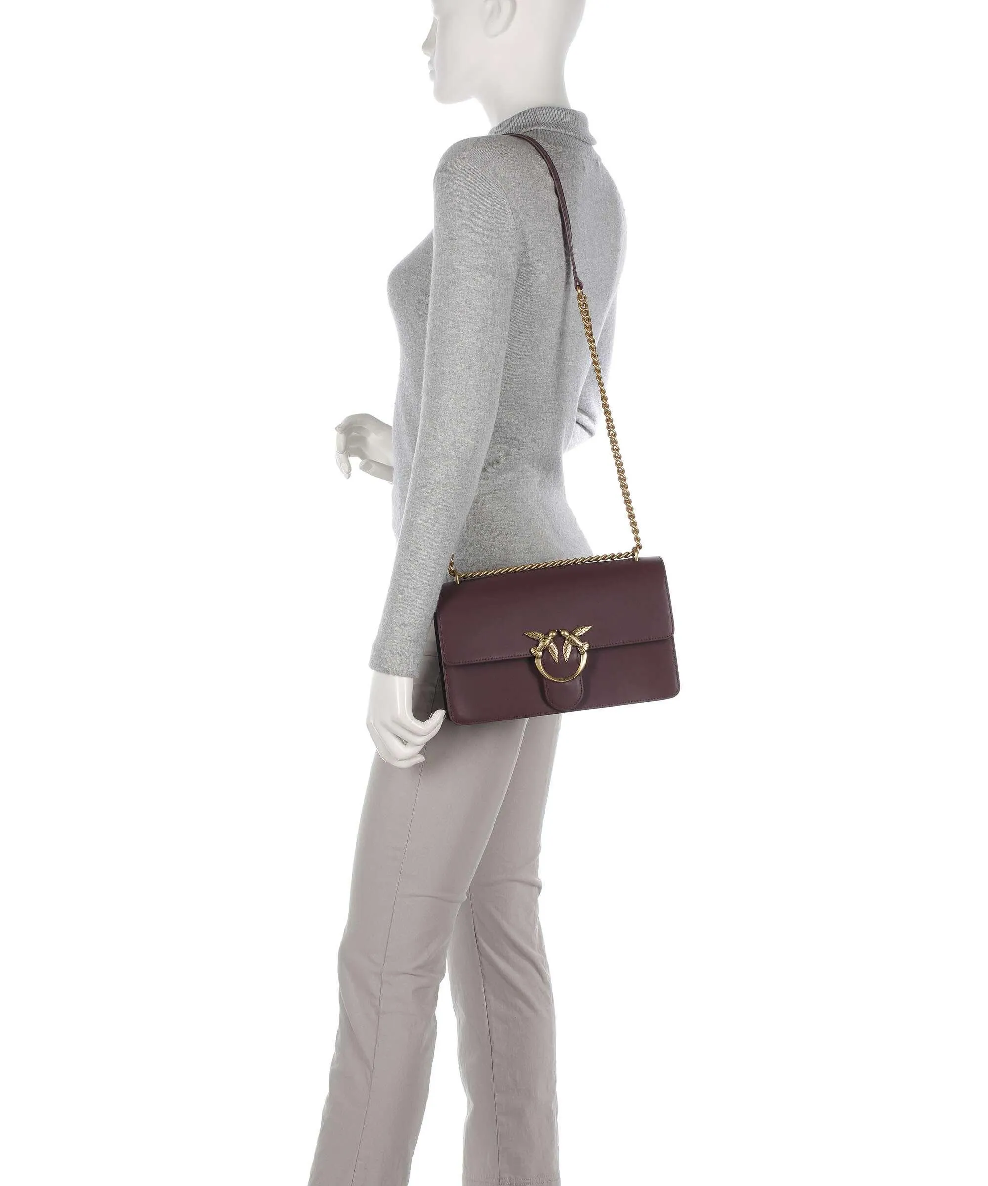  Pinko Love One Classic Borsa a spalla pelle di vacchetta finemente grana mogano  