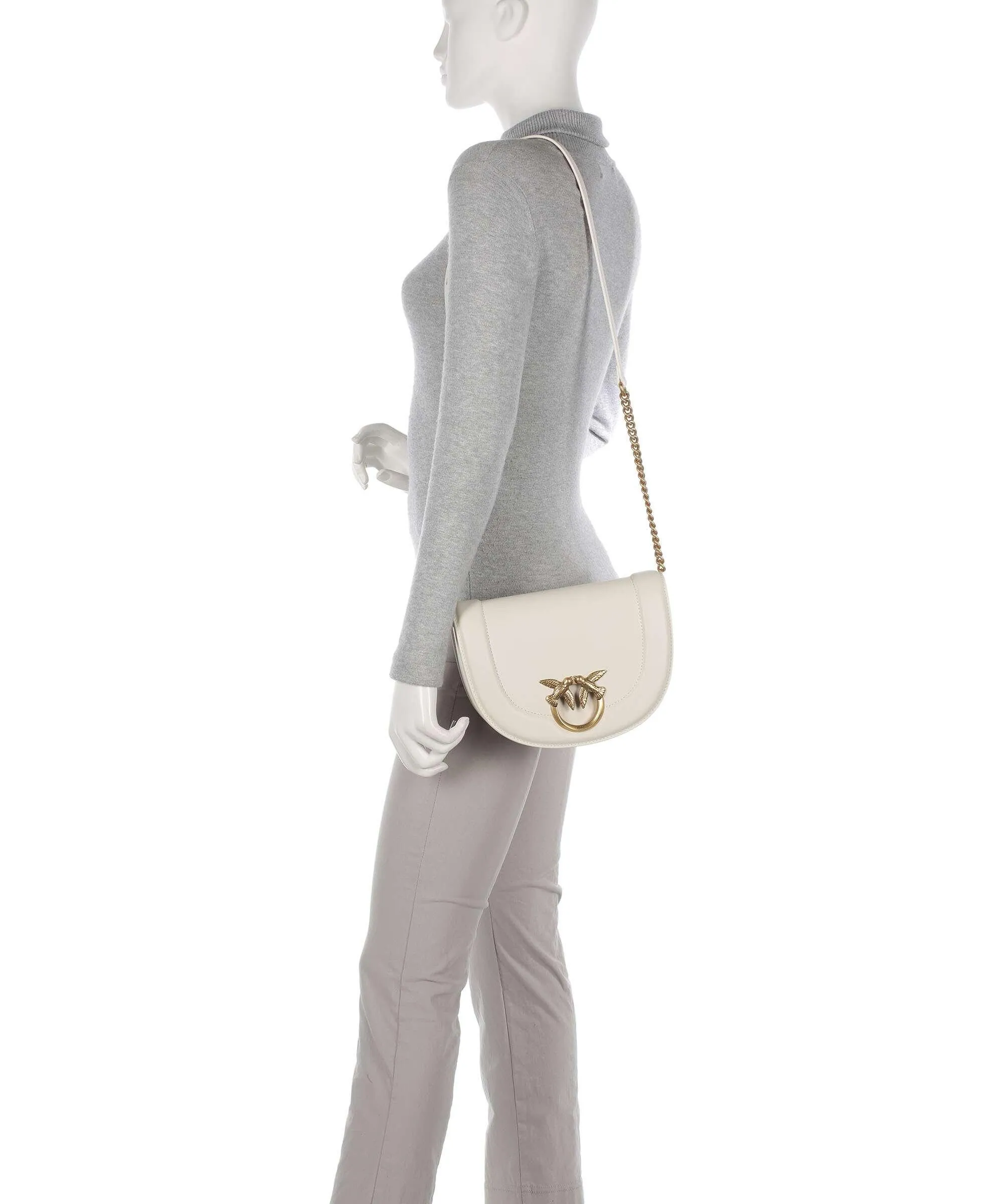  Pinko Love Round Click Classic Borsa a tracolla pelle di vacchetta finemente grana avorio  