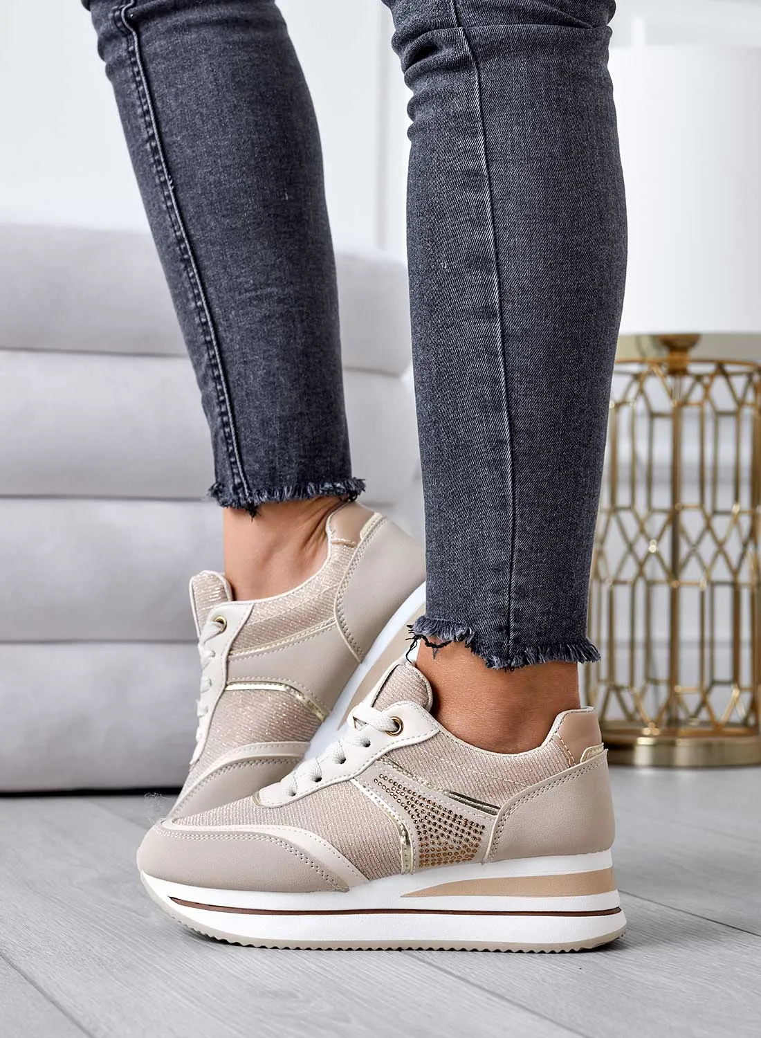 RILEY - Sneakers beige con inserti glitter