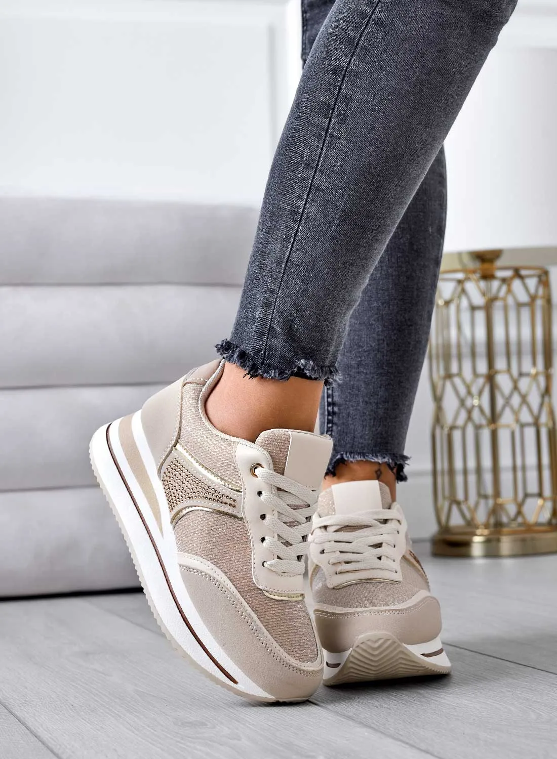 RILEY - Sneakers beige con inserti glitter