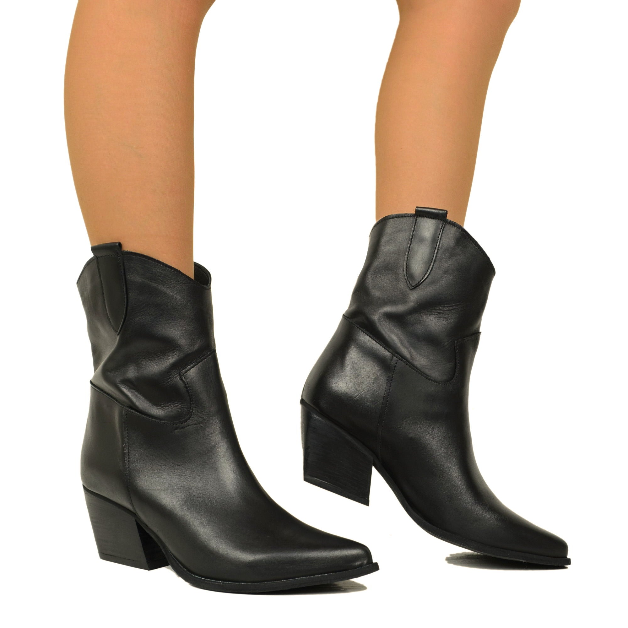 Stivaletti Donna Texani Pelle Neri con Tacco Alto Made in Italy